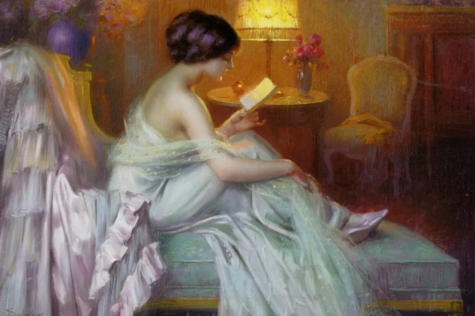A painting of a young woman reading by the warm light of an oil lamp in the evening